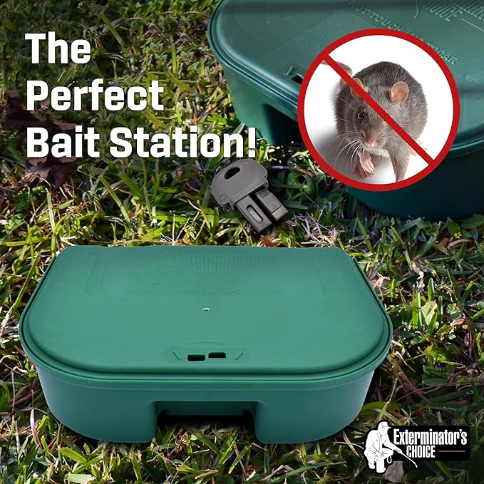 Exterminators Choice Large Rat Bait Station Box with 1 Key - Plastic, Green Heavy-Duty Weather-Resistant Outdoor Bait Station - Discreet Green Box with Lockable Holder
