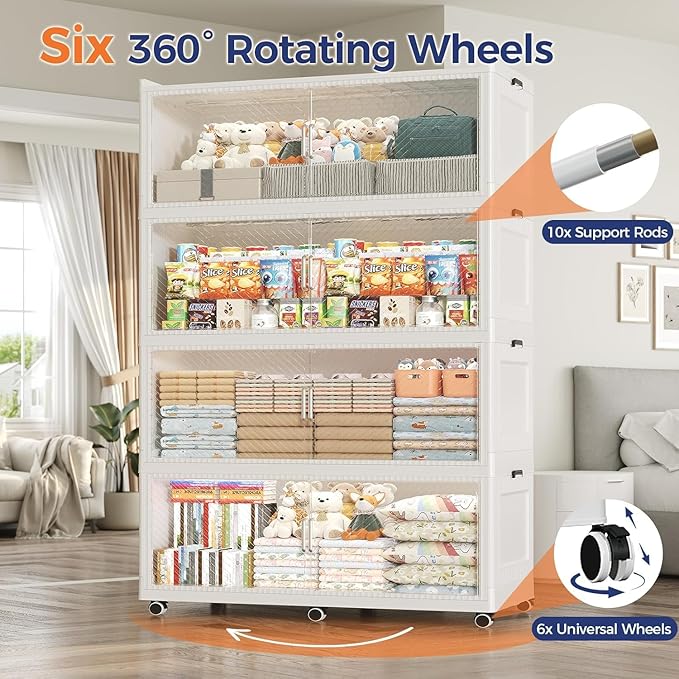 800QT Extra Large Storage Bins with Lid and Wheels, 200Gal Stackable Closet Organizers and Storage Cabinet, Collapsible Storage Box with Doors for Home Kitchen Office Dorm, 4Pack White Clear
