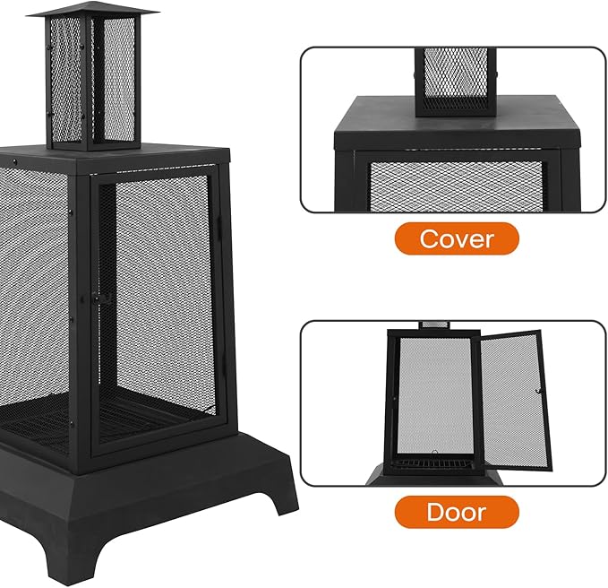 Walsport Chiminea Outdoor Fireplace, 43 Inch Wood Burning Fire Pit with Grill Grate and Spark Screen Cover, Outdoor Fire Pit for Patio, Backyard, Deck Porch and Camping (Black) ﻿