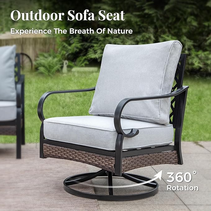 Patio Furniture Set with Firepit Table, Black Frame Outdoor Conversation Set with 2 x Swivel Chairs, 1 x 2-Seat Sofa, 1 x 3-Seat Sofa for Lawn Garden Backyard, Light Grey