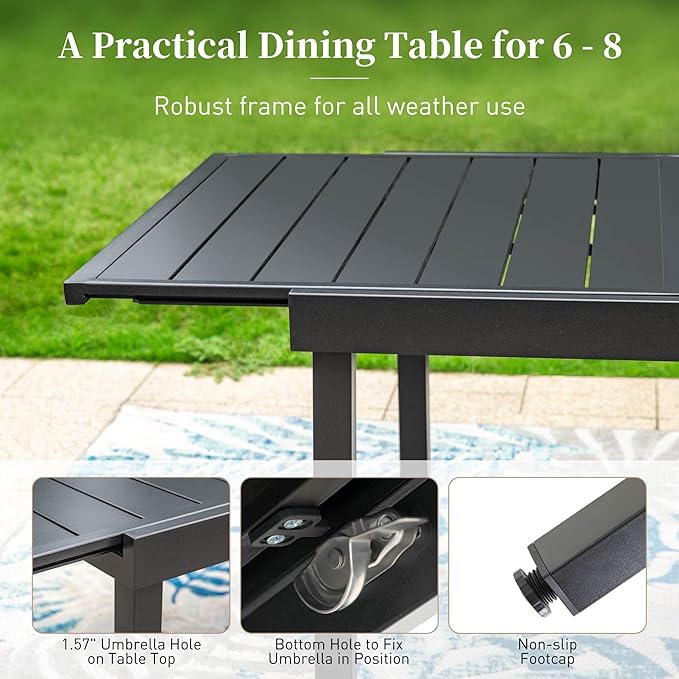 61"-87" Patio Dining Table for 6-8,Expanded Patio Table,E-Coating and Powder Coating Steel Frame Metal Outdoor Patio Table for Garden Backyard Lawn Yard