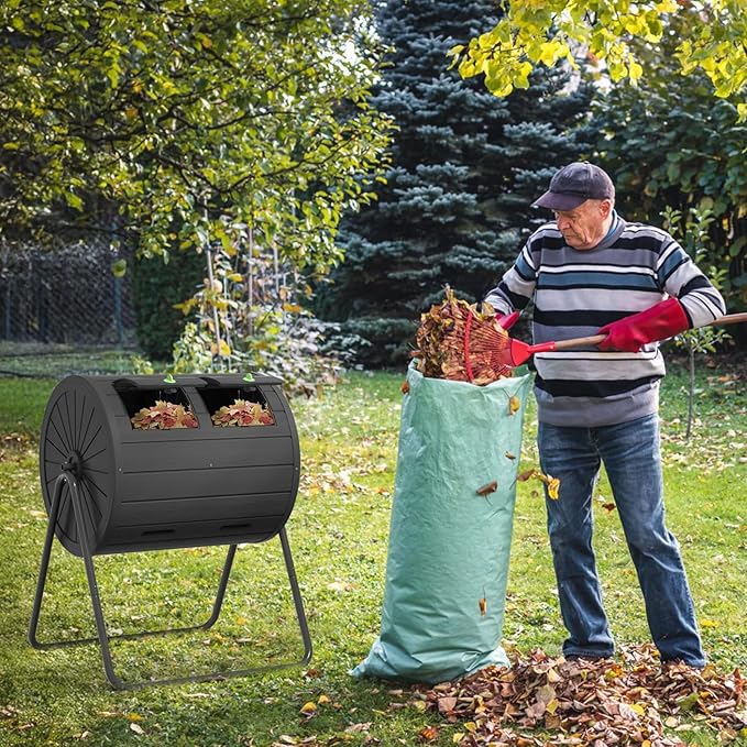 PatioZen Dual Chamber Tumbling Composter 45 Gallon Large Outdoor Tumbling Composter Efficient Batch Composting Easy Turn Design (Black 45Gal)