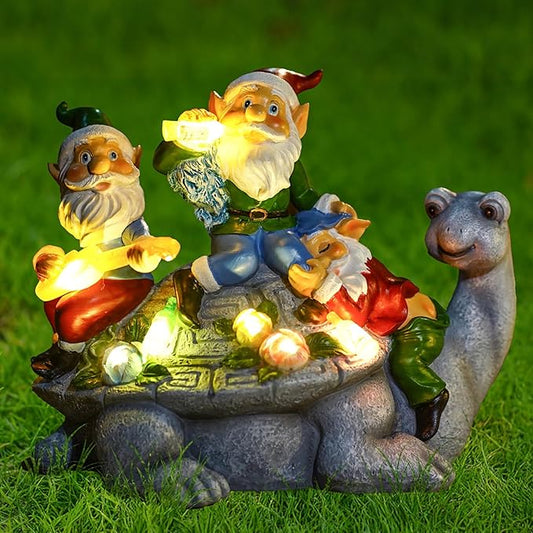 NATASE Upgraded Size Solar Garden Outdoor Statues Gnome Turtle Three Gnomes Having Party on Turtle with 7 LED Lawn Decor Outside Decorations for Patio, Balcony, Yard Ornament Unique Garden Gift