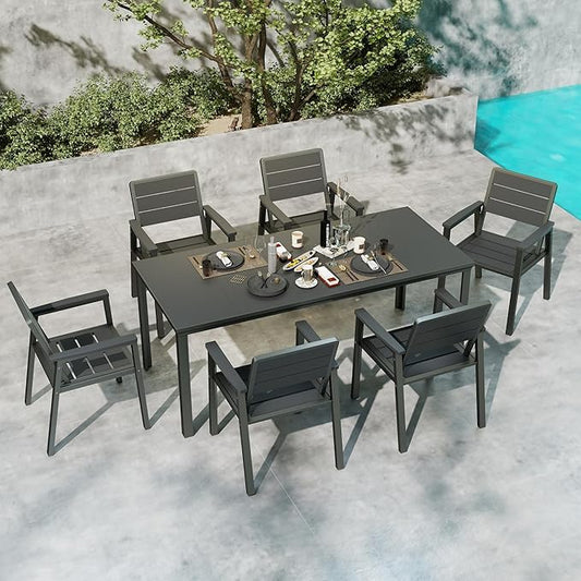 Kingdura 7 Piece Patio Dining Set for 6, HDPE Outdoor Table & Chairs with Umbrella Hole, All-Weather Outdoor Furniture Patio Conversation Set for Lawn Pool Backyard, Dark Grey