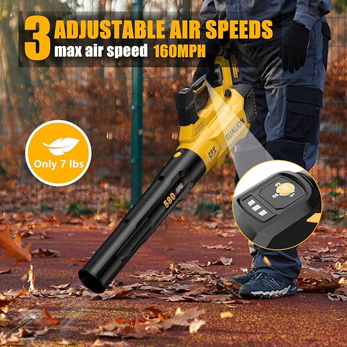 RUALION Leaf Blower Cordless, Electric Leaf Blowers Up to 580 CFM 160 MPH, Battery Powered Blowers for Lawn Care, Patio, Garage(2 * 20V 4.0 Ah Batteries and Charger Included)