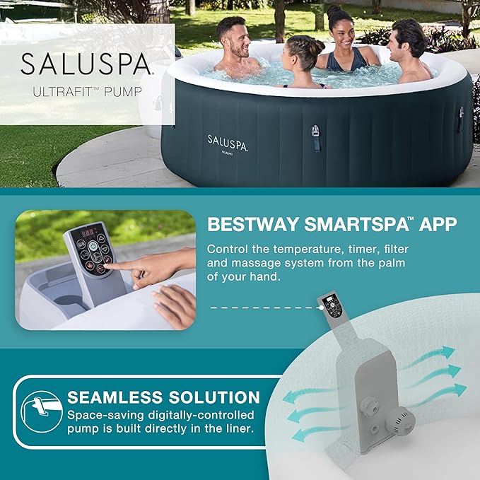 Bestway SaluSpa Miami AirJet 4-6 Person Inflatable Hot Tub Round Portable Outdoor Spa with 140 AirJets and EnergySense Energy Saving Cover, Dark Green