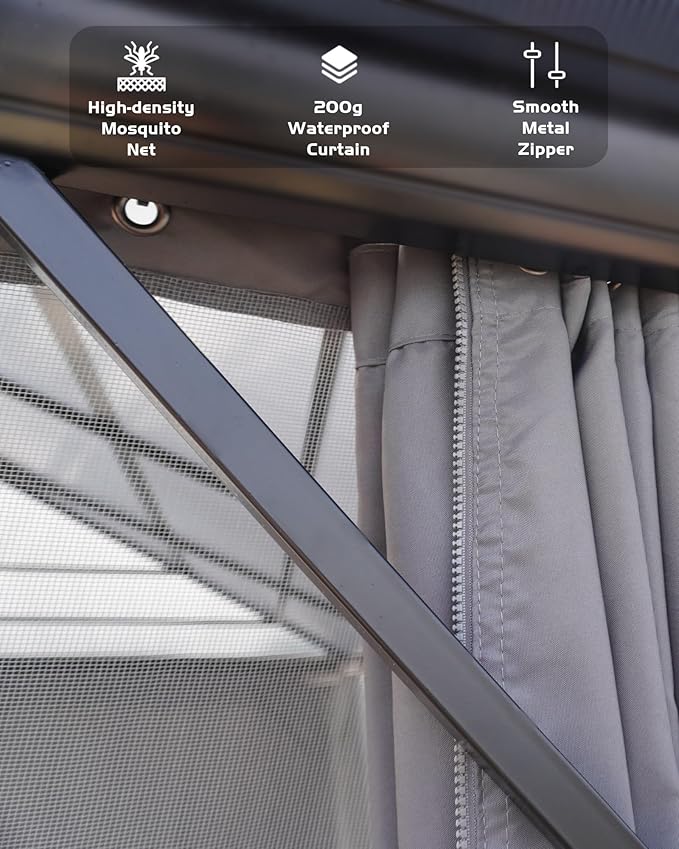 GarveeLife Hardtop Gazebo 10 ft x13 ft for All Weather, Double Polycarbonate Sheets Roof, Aluminum Alloy Frame, Net, and Curtain, Permanent Building for Patio, Deck, Backyard, Lawn, and Garden