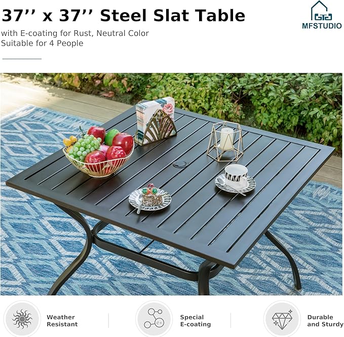 MFSTUDIO 5 Piece Patio Dining Set for 4, Outdoor 37" Square Dining Table with Cushioned Chairs, Deck Dining Furniture Set with Umbrella Hole, Wicker Chairs and Table for Porch, Backyard