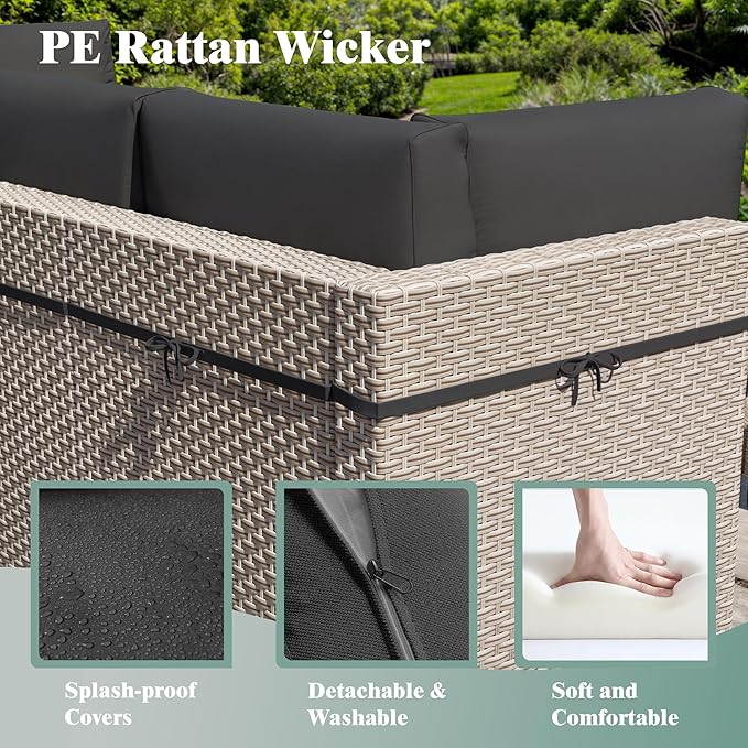 11 Pieces Patio Furniture Set with Fire Pit Table, Outdoor Sectional Wicker Sofa with Thick Cushions, High Back Swivel Rocker Patio Chairs, Rattan Conversation Set with Coffee Table, Black