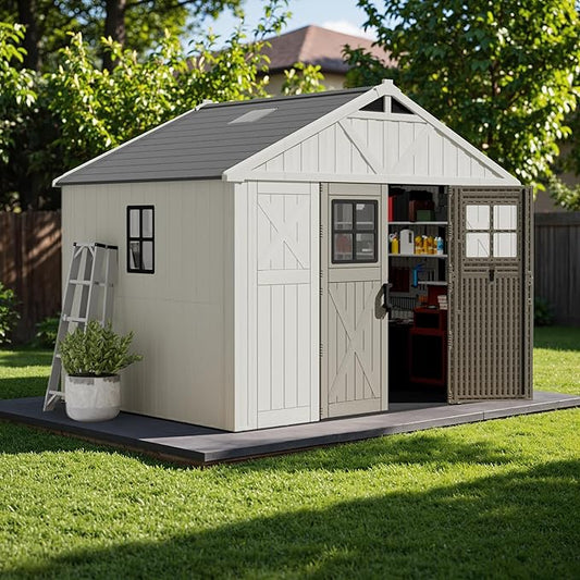 Devoko 10 x 8 FT Resin Outdoor Storage Shed, Extra Large Plastic Shed with Skylight, Floor and Lockable Door, Storage Bike, Tools, Lawn Mower for Garden, Backyard, Patio, Beige