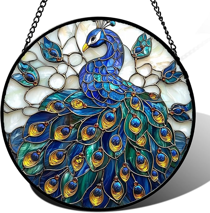 AMDERVEN Stained Glass Window Hanging - Peacock Blue Gold Feathers Sun Catcher for Door Garden Home Decor Bird Suncatcher Christmas Mother's Day Birthday Gifts for Women Men Mom Nana 6.3 in