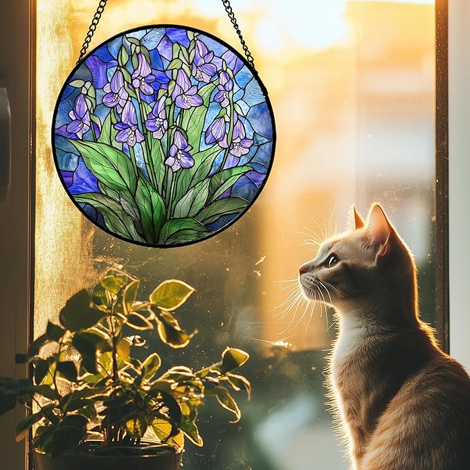 AMDERVEN Stained Glass Suncatcher, Blue Purple Flowers Green Leaves Sun Catcher Plants Stain Glass Window Hanging Decoration Mother's Day Birthday Gifts for Women Men Mom and Nana 11.8 in