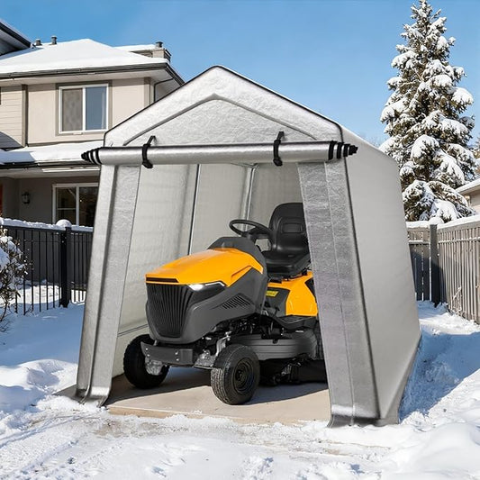 7 x 10 FT Carport, Portable Shed w/220G Heavy Duty Waterproof PE Tarp, Roll-up Zipper Door & Vent, Weather-Resistant Storage Shed for Motorcycle, Bike and Tools, Gray