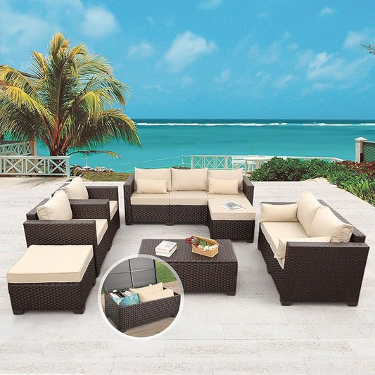 7 PCS Patio Furniture Set Outdoor Patio Furniture with Storage Table Outdoor Couch Patio Chairs Outdoor Conversation Set with Non-Slip Cushions Waterproof Covers, Khaki