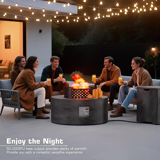 Wood Grain 30'' Patio Fire Pit Table Round, Propane Gas Fire Table 50,001 BTU, Outdoor Firepit & Fireplace for Patio, Black