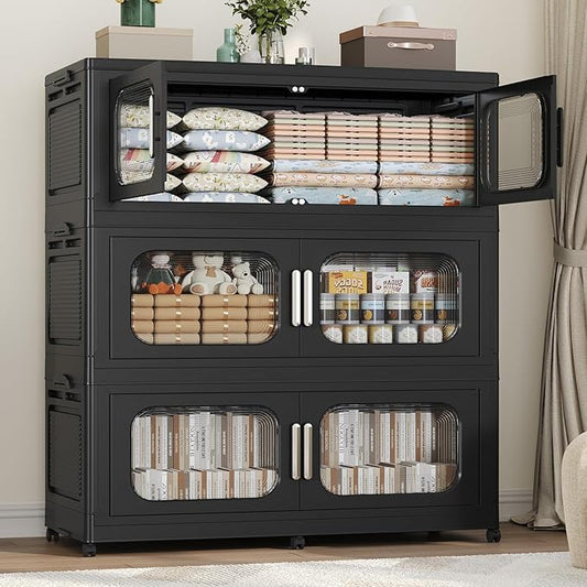 600QT Large Stackable Storage Bins with Lid, 150Gal Plastic Collapsible Closet Organizers Drawers Box with Wheels, Folding Cabinet Containers with Doors for Home Kitchen Office, 3Pack Black