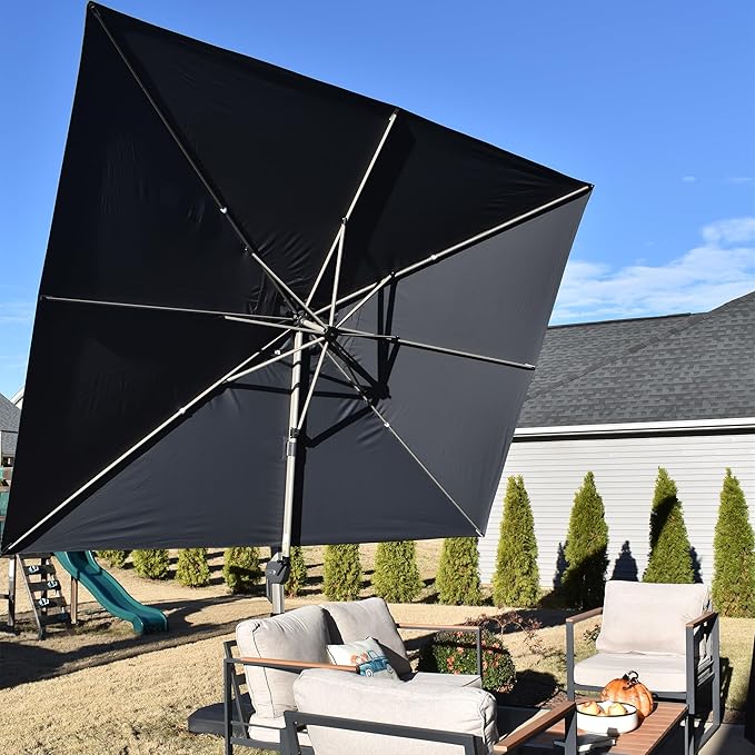 PURPLE LEAF 9' x 11' Patio Umbrella with Base Cantilever Umbrella Rectangular Outdoor Offset Umbrella with Champagne Frame and 360° Rotation for Garden Deck Pool, Grey