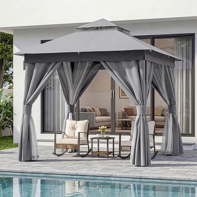 LAUSAINT HOME Gazebo 8x8ft, Heavy Duty Patio Gazebo with Expansion Bolts, Party Canopy Tent with Double Roofs, Mosquito Nettings and Privacy Screens for Backyard, Garden, Lawn, Grey
