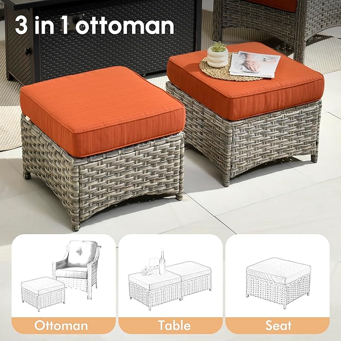 6 Pieces Patio Outdoor Furniture Set,All Weather Wicker Rattan Patio Seating Sofa and Chair Set w/Ottoman and Glowing Coffee Table,Outdoor Conversation Sets for Deck Yard Garden,Orange Red