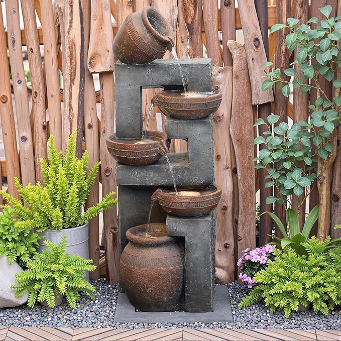 Bumilgar 33.8" H Water Fountain Outdoor with LED Lights & Pump, 5-Tier Cascading Outdoor Fountain for Garden,Patio,Porch,Backyard,Home Art Decor (Brown)