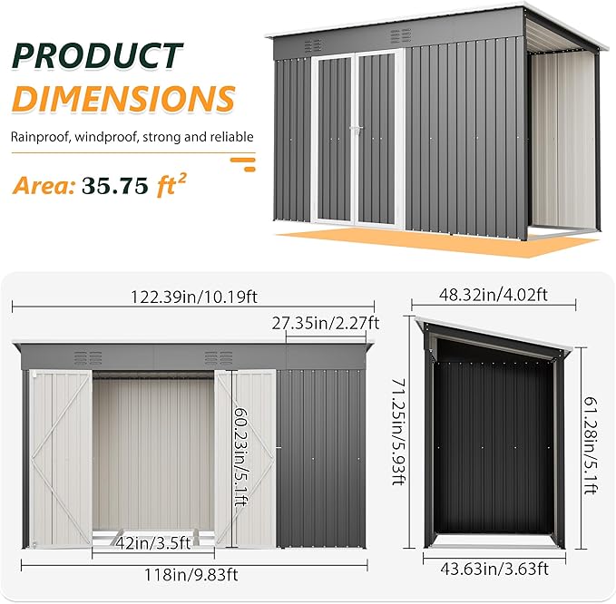 Outdoor Storage Shed, 10 X 4 FT Large Metal Utility Tool Sheds with Floor Base & Wood Storage, Steel Garden Shed with Updated Frame Structure for Backyard Patio Lawn, Grey