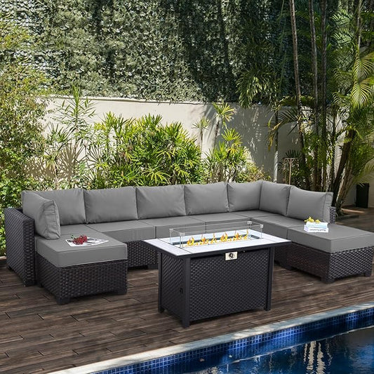 9 Pieces Wicker Patio Furniture Set Outdoor PE Rattan Sectional Conversation Sofa Set with Grey Cushions and 45” Gas fire Pit Table