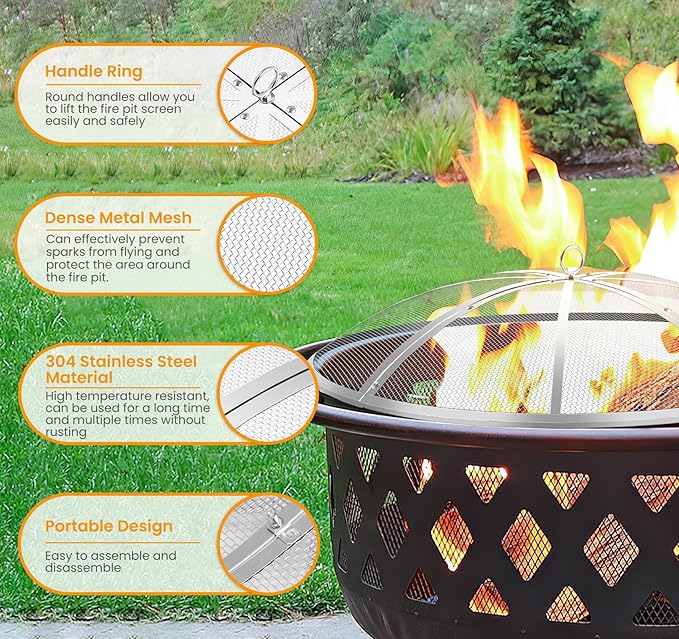 Fire Pit Spark Screen 27 Inch Round, Heavy Duty Stainless Steel Outdoor Fire Pit Screen Cover with Foldable Hook & Fire Safety Gloves, Mesh Spark Protector for Backyard, Camping, Beach