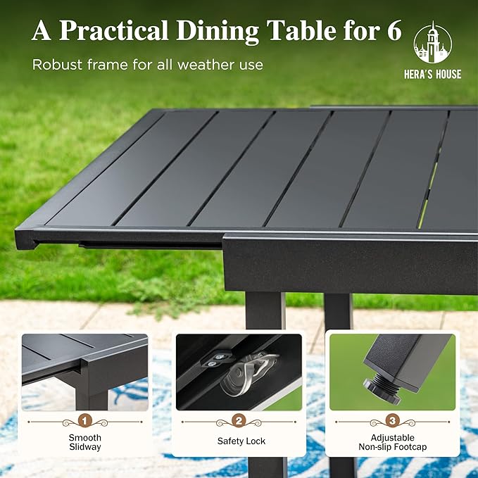 HERA'S HOUSE Expandable Patio Dining Table, Rectangular Black Metal Outdoor Deck Table for 8 Person