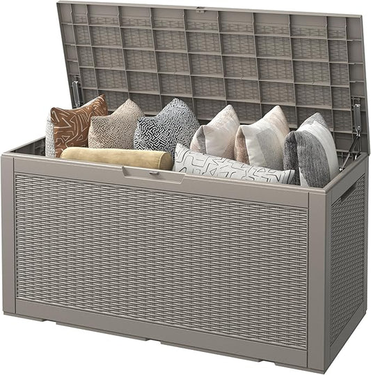 31 Gallon Resin Deck Boxes Waterproof, Waterproof and UV Resistant Outdoor Storage Box Lockable Lid for Delivery Box, Indoor, Garden Tools, Pool Supplies, Patio (Grey, 100 Gallon)