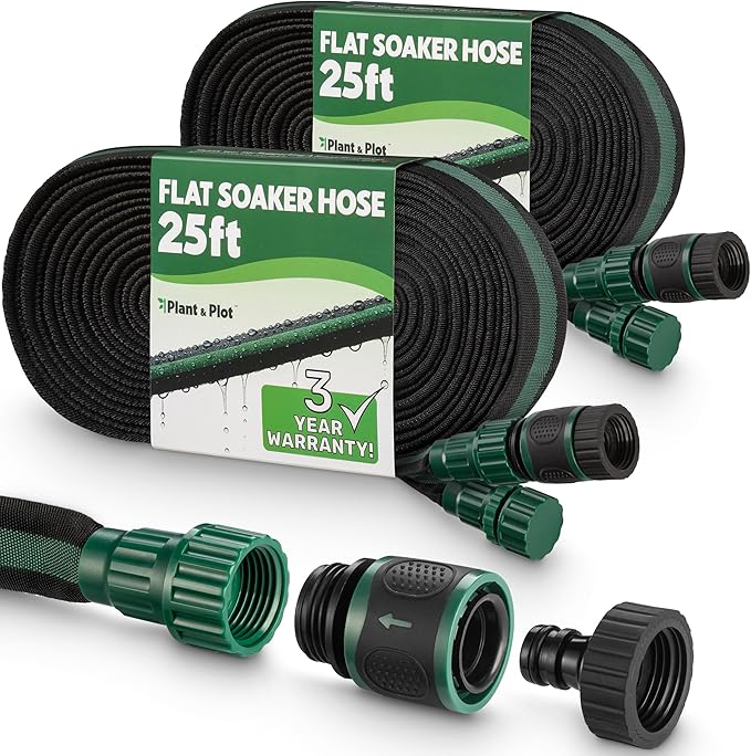 Flat Soaker Hose 50ft (25ft 2-Pack) for Garden // Drip Hose for Garden Beds, Lawns and Trees // Heavy Duty Leakproof Design with Quick Connect // Linkable Irrigation System for Vegetables and Flowers