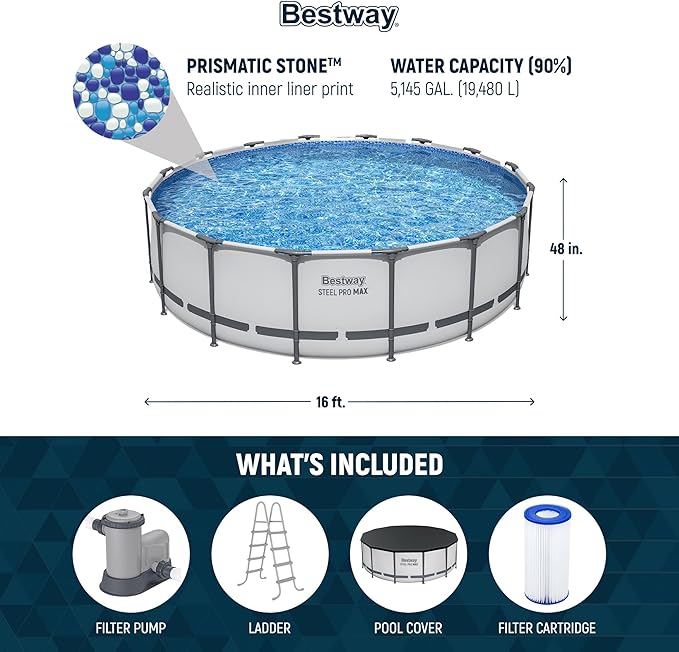 Bestway Steel Pro MAX 16 Foot x 48 Inch Round Metal Frame Above Ground Outdoor Swimming Pool Set with 1,000 Filter Pump, Ladder, and Cover