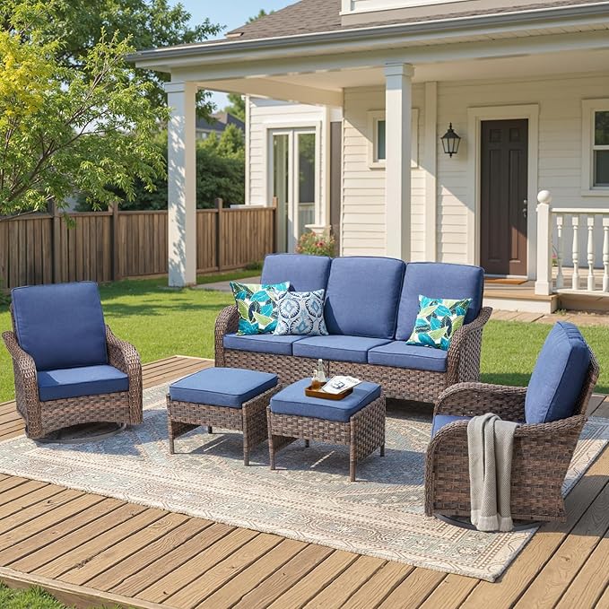 Wicker Patio Furniture Set-5 Pieces All-Weather Wicker Outdoor Furniture with High Back Outdoor Swivel Rocking Chairs Patio Conversation Sets for Garden Porch Deck Brown/Blue