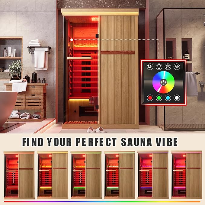 MEISSALIVVE Full Spectrum Sauna for Home, 2 Person Indoor Infrared Sauna Room with 10 Minutes Warm-up Heate, Canadian Hemlock Wood Home Infrared Sauna with Bluetooth and Tempered Glass