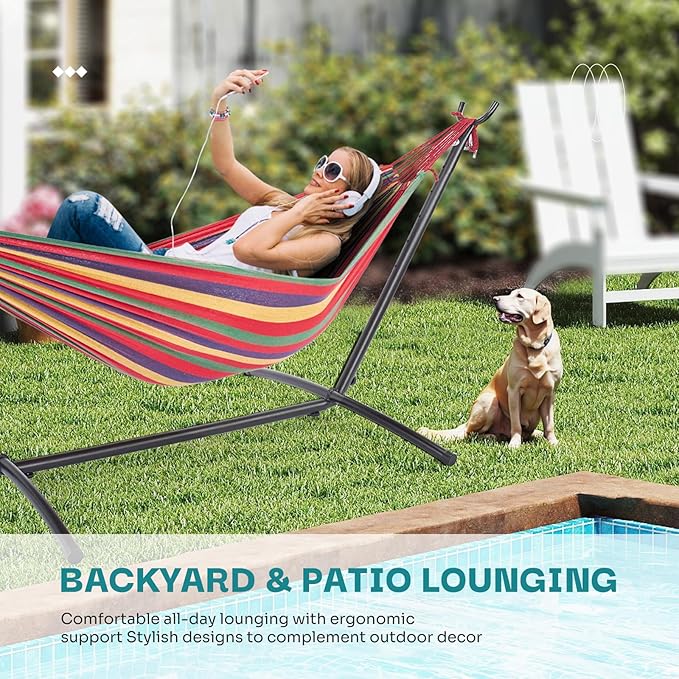 NEWBULIG Double Hammock with Stand, Heavy Duty Portable Hammocks for Outdoor Indoor Patio Camping, Space Saving Design & Carry Bag, Easy Assembly, 450lb Weight Capacity, Rainbow