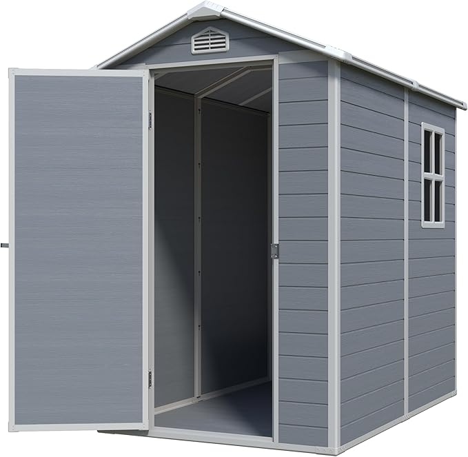 Resin Storage Shed 4x6 ft Outdoor Storage Shed with Floor and Window, Lockable Door Plastic Tool Sheds with Vents, Waterproof Sheds for Garden, Patio, Backyard, Yard, Lawn, Grey