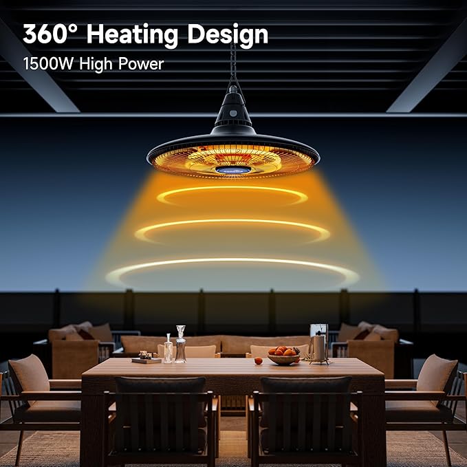 Ceiling Electric Outdoor Heater Wall-Mounted Hanging Patio 1500W Infrared 9 Heat Levels, 24H Timers, Carbon Fiber Tube Heating Wall Heater for Gazebo, Balcony (Black - Circular Heating)
