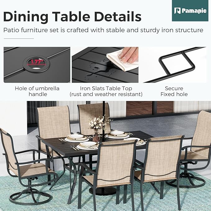 Pamapic 7-Piece Outdoor Dining Set, Patio Dining Set for 6, All-Weather Outdoor Patio Set with 2 Textilene Swivel Chairs & 4 Regular Chairs for Garden, Poolside, Deck，Beige