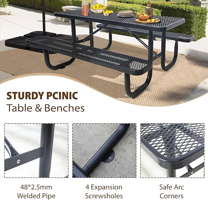 HIMcup 4 FT Metal Picnic Tables for Outside, Outdoor Coated Steel Heavy Duty Commercial Picnic Table with Benches, Patio Table Rectangular Furniture Set for Garden, Lawn, Shops, Parks
