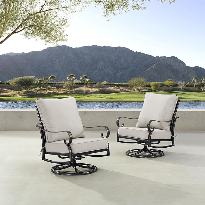 Pair of Black Aluminum Patio Deep Seating Swivel Rocker Club Chairs with Light Grey Cushions