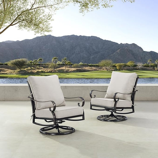 Pair of Black Aluminum Patio Deep Seating Swivel Rocker Club Chairs with Light Grey Cushions