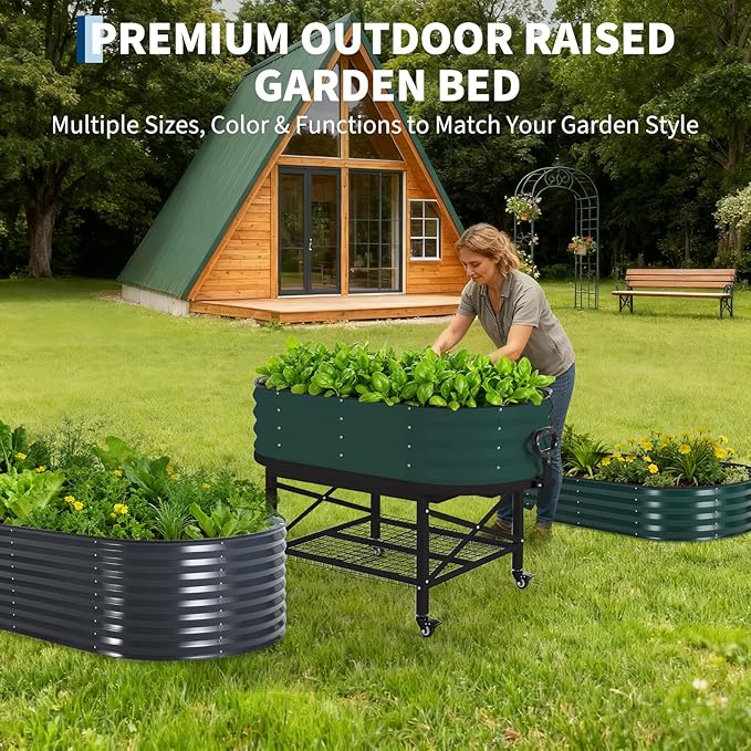 Oval Galvanized Raised Garden Bed Kit with Legs & Storage Rack for Patio, Easy Assembly, Thick Metal Outdoor Planter Box for Vegetables, Flowers, Patio Gardening, Green