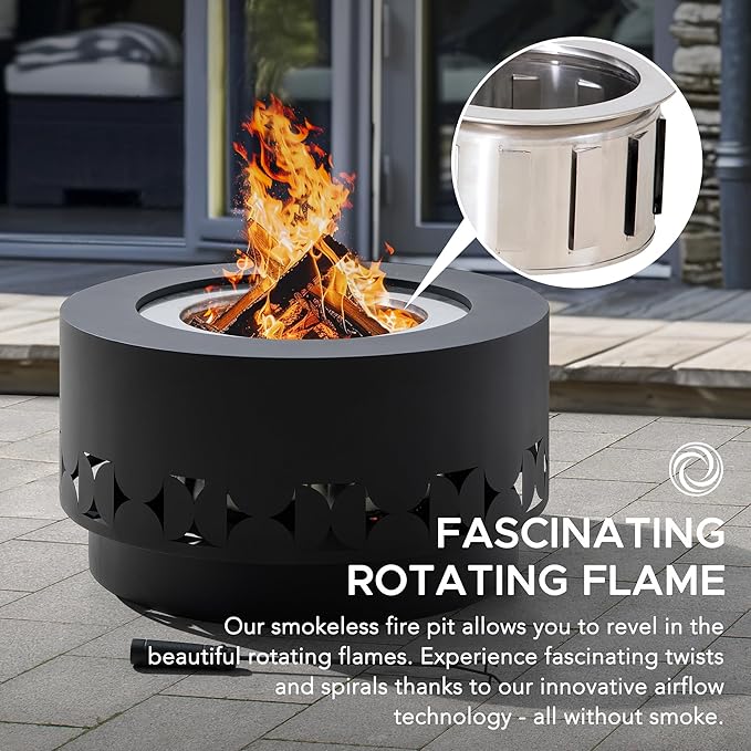 SUNJOY 28 in Round Smokeless Fire Pit with Removable Ash Pan, Outdoor Portable Circular Geometric Wood Burning Fireplace with PVC Cover and Fire Poker,Ideal for Camping, Bonfire, and Backyard, Black