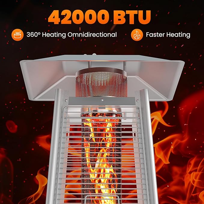 OLIXIS Pyramid Patio Heater, 48000 BTU Outdoor Heater with Wheels and Ignition, Propane Patio Heater for Home, Backyard, Garden,Deck and Patio, Silvery