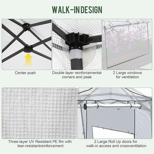 8.5 x 7 ft Walk-in Greenhouse, Portable Pop-up Green House 3 Adjustable Hights Heavy Duty Plant Gardening Canopy with Durable PE Cover for Indoor Outdoor (Clear and White)