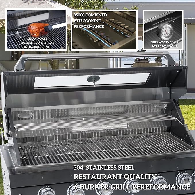 Outdoor Kitchen Island 85" 6-Burner 85000 BTU Deluxe Modular BBQ Island - Grill Islands w/Wine Cooler, Built in Combo Outside Island + Rotisserie & Granite Top Outdoor Grill
