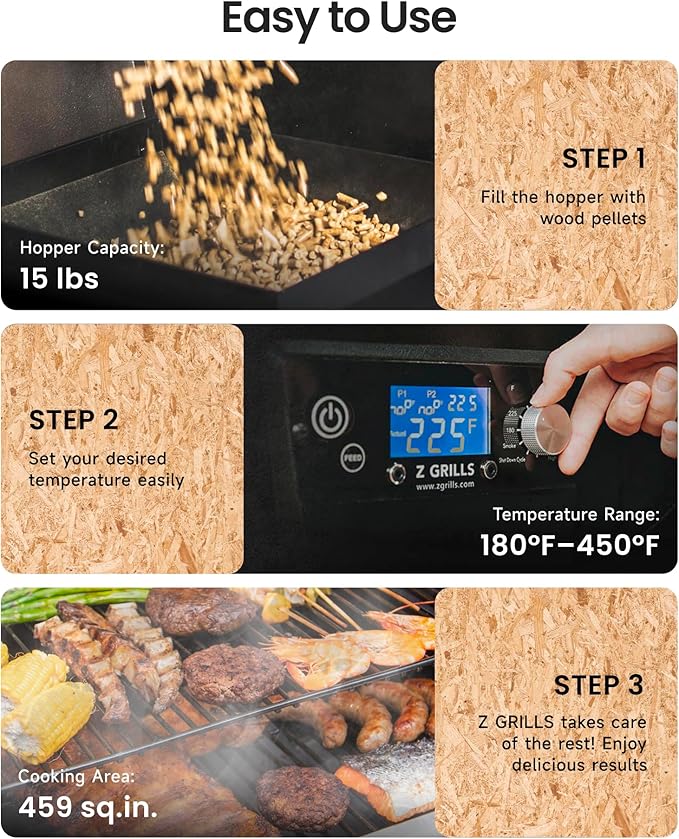 Z GRILLS Wood Pellet Grill Smoker with PID 3.0 Controller, 459 SQ.IN, 450°F Max Temperature, 8 in-1 BBQ Grill, LCD Screen, Meat Probes, Rain Cover, Backyard Camping Bake and Roast, 450E