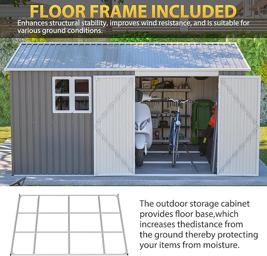 ZMAD Outdoor Storage Shed Metal, Large Garden Tool Sheds Outdoor with Lockable Doors, Waterproof Steel Utility Storage Building (Gray, 12x 10ft /Floor Frame)
