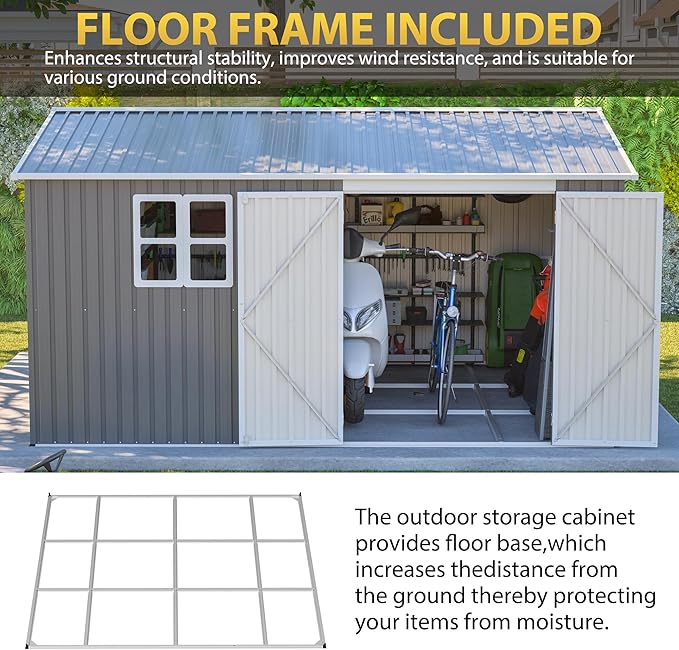 12x10 FT Heavy Duty Metal Outdoor Storage Shed with Window & Floor Frame, Lockable Double Doors, Weatherproof Steel Garden Tool Shed for Bikes, Lawn Mowers, Patio & Backyard Equipment Storage