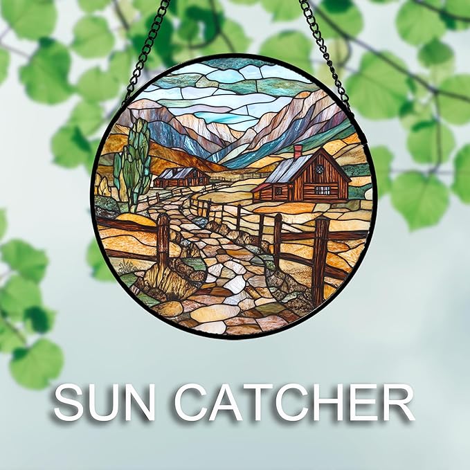 QZQCBLC Stained Glass Window Hanging Mountain Ranch Rural Life 9.8" - Cactus Suncatcher Door Terrace Garden Sun Catcher Home Decor Birthday Christmas for Mom Men Woman Friend
