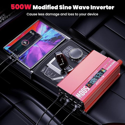 500W Power Inverter with LCD Screen Display, 2 AC Outlets, 36W Type-C Port, 5V/3A USB Port, 12V DC to 110V/120V AC Inverter for Truck, Home, Vehicles, Laptop, Trip